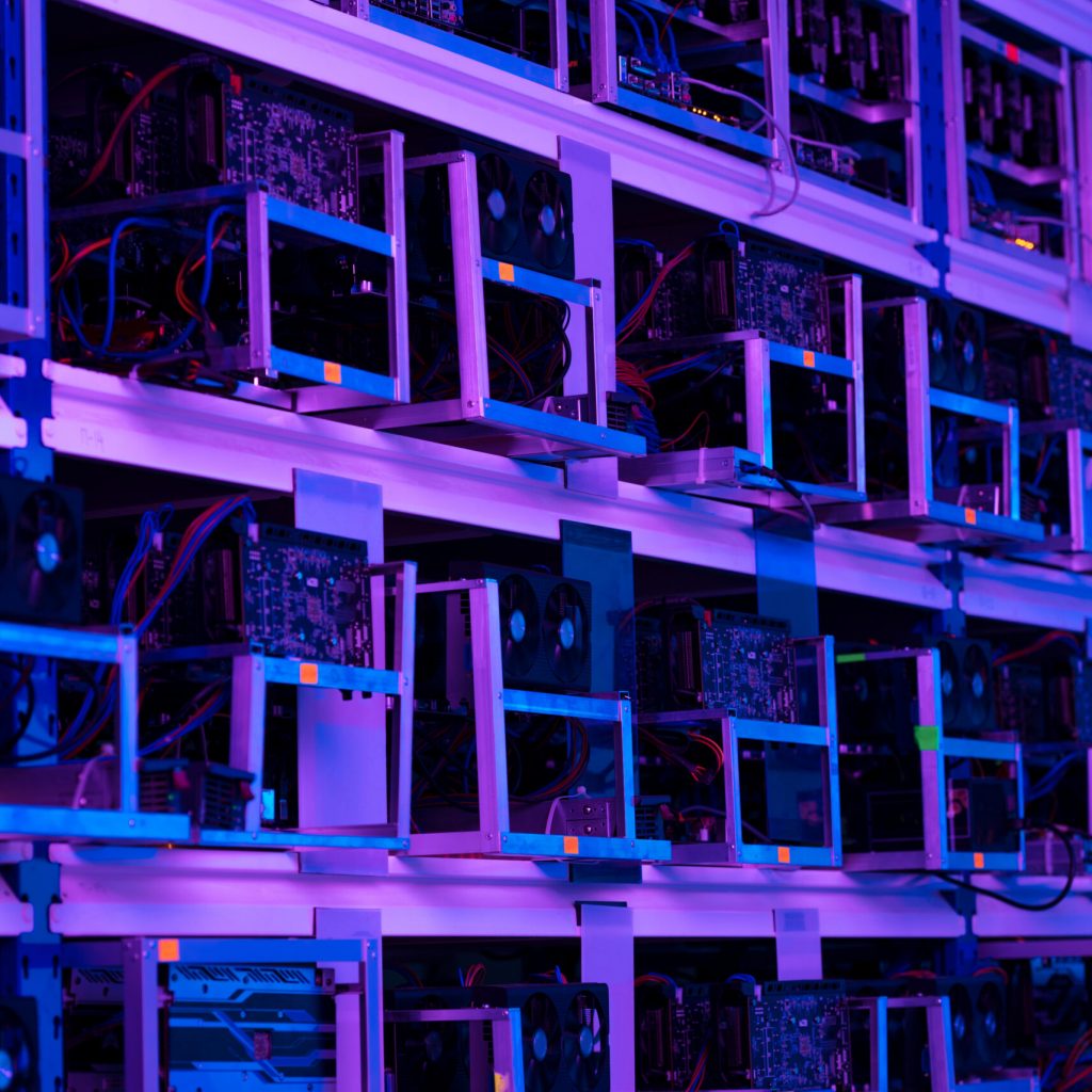 ethereum mining farm under purple light